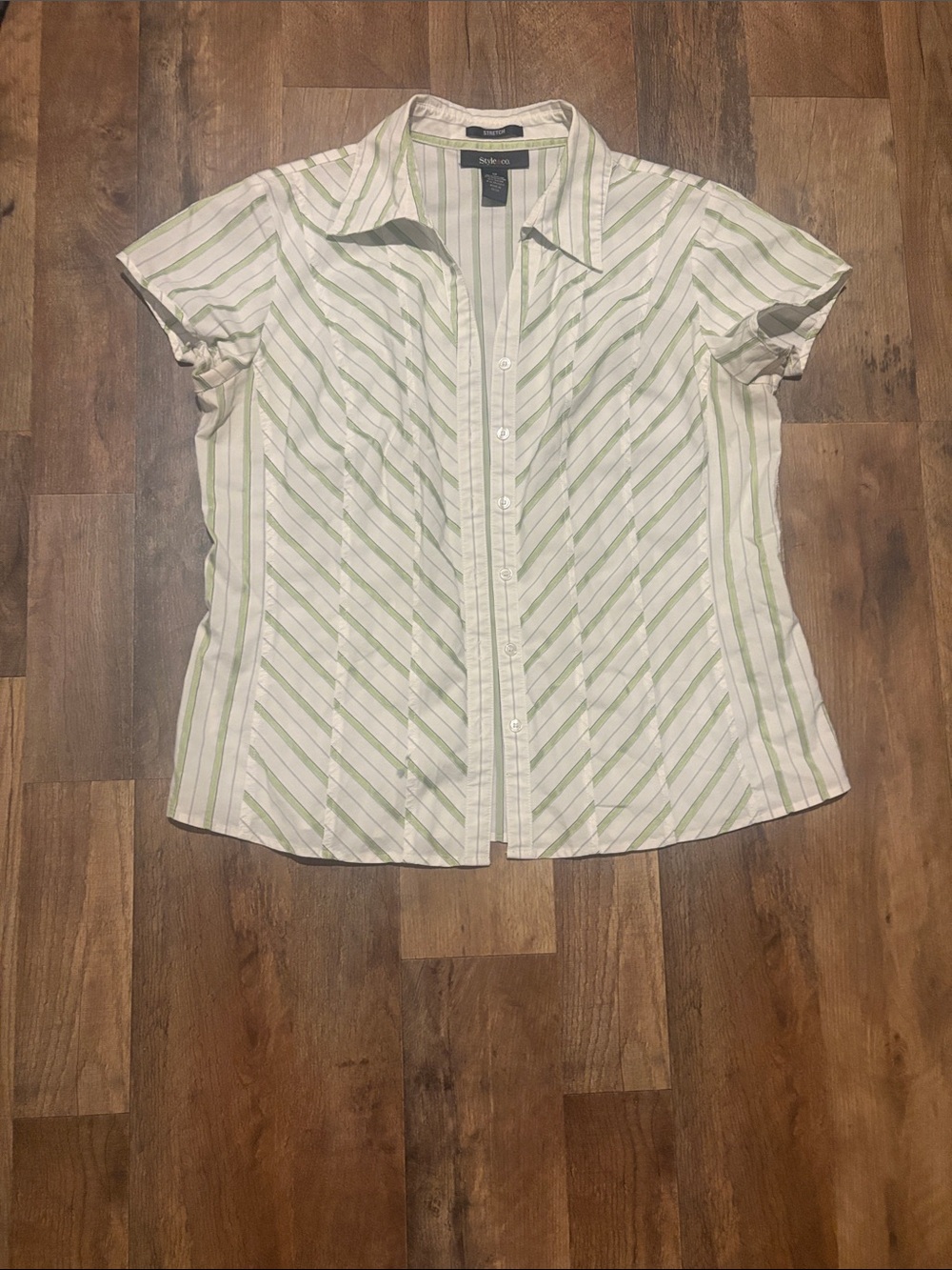 Y2K White and Light Green Striped Short Sleeve Button-Up Shirt